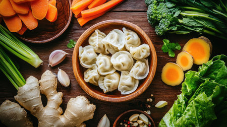 A visually appealing arrangement of fresh ingredients ideal for making dumplings, showcasing vibrant vegetables and aromatic spices in a rustic kitchen setting.の素材