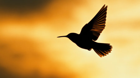 This image captures a stunning silhouette of a bird in flight against a vibrant sunset, showcasing the beauty of nature and wildlife in motion.の素材