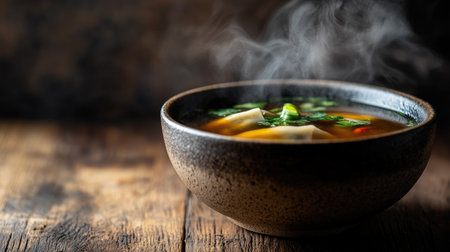 A steaming bowl of delicious soup, filled with fresh ingredients and vibrant garnishes. Perfect for a warm meal or cozy dining experience.の素材