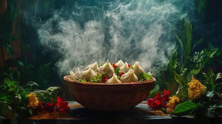 A rustic basket filled with steaming dumplings, garnished with fresh herbs and surrounded by vibrant greenery, creating a rich and immersive culinary scene.の素材