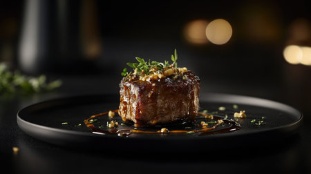 A beautifully plated gourmet steak drizzled with sauce and garnished with herbs, showcasing a sophisticated culinary presentation perfect for fine dining.の素材