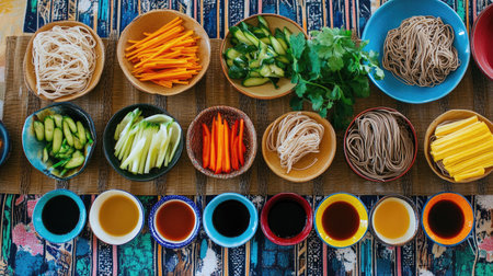 A vibrant flatlay of fresh ingredients for Asian cuisine, featuring colorful vegetables, noodles, and assorted sauces, perfect for cooking enthusiasts.の素材