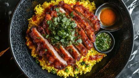 A vibrant dish featuring tender grilled meat served on a bed of yellow rice, garnished with fresh cilantro and accompanied by savory sauces. Perfect for food lovers!の素材