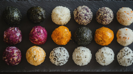 Delight in a vibrant assortment of rice balls beautifully arranged on a slate plate, showcasing a variety of colors and flavors for a delicious treat.の素材