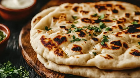 This image showcases freshly baked naan bread sprinkled with herbs and spices, perfect for serving with various dishes, embodying comfort and flavor.の素材