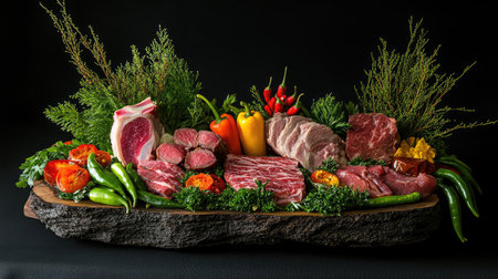 A vibrant display of fresh meat and vegetables arranged beautifully, showcasing the richness of ingredients perfect for cooking or grilling.の素材