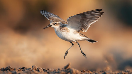 A graceful bird takes flight above sandy terrain, showcasing its delicate wings and natural beauty. This image captures the essence of wildlife in motion.の素材