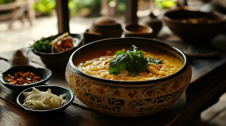 A vibrant bowl of cooked dish garnished with fresh herbs, surrounded by ingredients and spices, perfect for showcasing culinary art and comfort food.の素材