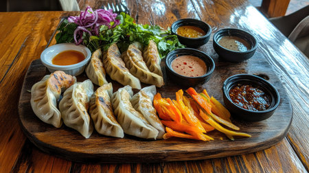 Indulge in a delicious plate of freshly made dumplings accompanied by vibrant vegetables and a variety of flavorful dipping sauces. Perfect for sharing!の素材