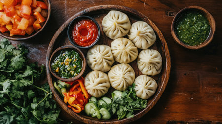 A beautifully arranged platter featuring freshly steamed dumplings surrounded by vibrant accompaniments like sauces, fresh vegetables, and herbs, celebrating culinary tradition.の素材