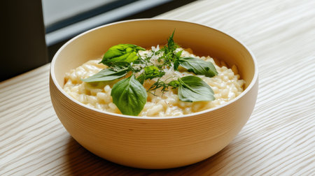 A beautiful bowl of creamy risotto garnished with fresh basil and herbs, perfect for showcasing gourmet food in a rustic setting. Ideal for food photography.の素材