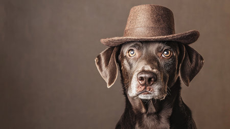 This charming portrait features a stylish dog wearing a brown hat, showcasing its gentle expression and unique personality against a soft background.の素材