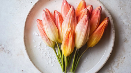 A stunning array of tulips in soft pastel colors arranged on a plate, creating a serene and elegant atmosphere perfect for spring and floral designs.の素材