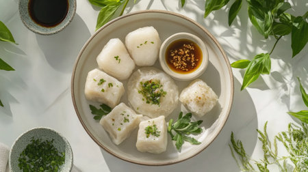 A visually appealing plate of Asian rice dumplings showcased with herbs and dipping sauce, perfect for food lovers and culinary enthusiasts.の素材