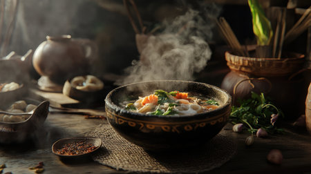 A steaming bowl of delicious soup surrounded by fresh ingredients and rustic kitchenware, evoking warmth and comfort in a cozy culinary setting.の素材