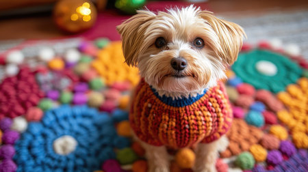 A small, adorable dog wearing a colorful knitted sweater sits on a vibrant rug. This charming scene captures the joy of pets in a cozy home setting.の素材