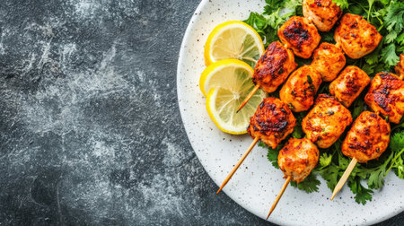 Enjoy a vibrant plate of grilled chicken skewers garnished with fresh herbs and lemon slices, perfect for summer gatherings or special occasions.の素材