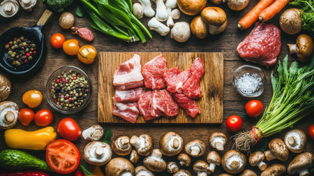 A vibrant arrangement of fresh ingredients for cooking, featuring assorted meats, vegetables, and spices on a rustic wooden table, perfect for gourmet meal preparation.の素材