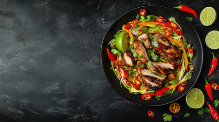 A vibrant grilled chicken salad featuring a mix of fresh vegetables and spices. Perfect for a healthy meal option, showcasing colorful ingredients.の素材