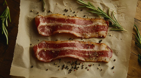 Fresh bacon strips seasoned with herbs and spices on parchment paper, perfect for culinary projects or food-related content. Enhance your cooking visuals!の素材