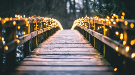 A serene wooden bridge illuminated by warm string lights, creating a magical pathway through the tranquil forest at dusk, perfect for peaceful walks.の素材