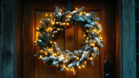 A beautifully adorned Christmas wreath draped with snow and glowing lights, adding a warm festive touch to a rustic wooden door, ideal for holiday dの素材