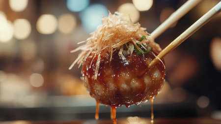 A close-up of delicious takoyaki, a popular Japanese street food, served with savory sauce and bonito flakes, perfect for food lovers to enjoy.の素材