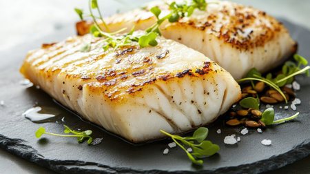 Two perfectly grilled fish fillets garnished with fresh herbs and spices on a slate plate. Ideal for culinary presentations and healthy meals.の素材