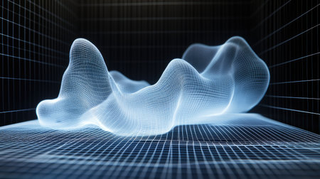 This abstract 3D visualization features a wave-like mesh structure against a grid background, creating a modern and ethereal digital art effect. Perfect for technology and design themes.の素材