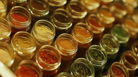 A stunning overhead view of assorted spices in transparent jars, showcasing a vibrant array of colors and textures, perfect for culinary enthusiasts.の素材
