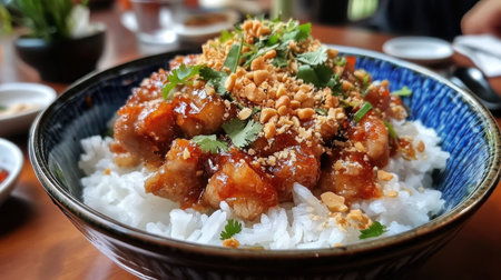 A vibrant bowl of rice topped with savory chicken, crunchy peanuts, and fresh cilantro, perfect for lunch or dinner in a delightful restaurant setting.の素材