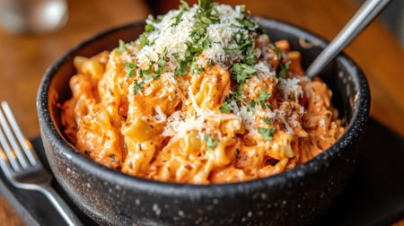 A mouthwatering creamy pasta dish topped with fresh herbs and cheese, served in a stylish bowl, perfect for showcasing culinary craftsmanship.の素材