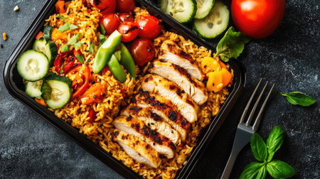 A vibrant and delicious meal featuring grilled chicken, seasoned rice, and a variety of fresh vegetables, perfect for a healthy lunch or dinner option.の素材