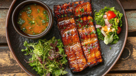 Discover a vibrant dish featuring grilled fish served with a rich sauce, fresh salad, and garnished with herbs, perfect for a delightful dining experience.の素材