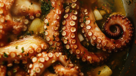 Discover the artistry of cooking with this detailed image of fresh octopus, simmering in a flavorful broth, showcasing vibrant colors and textures.の素材