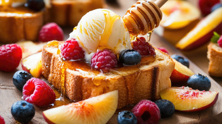 A delightful toast topped with creamy ice cream, fresh raspberries, blueberries, and drizzled with honey. Perfect for breakfast or dessert!の素材