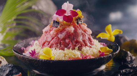 A stunning culinary masterpiece featuring fresh meat and vibrant flowers, artfully arranged to create an alluring dining experience. Perfect for food enthusiasts.の素材