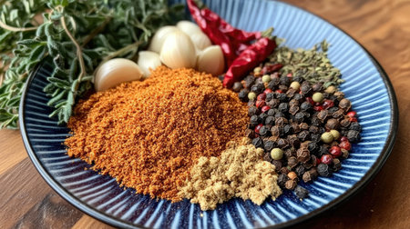 A vibrant plate displaying a colorful assortment of fresh spices and herbs, perfect for culinary creations and enhancing flavors in dishes.の素材