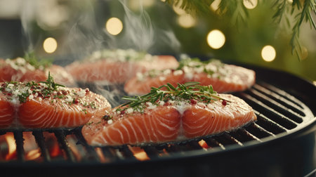 Aromatic grilled salmon fillets adorned with fresh herbs and spices, capturing the essence of outdoor cooking in a festive atmosphere. Perfect for summer gatherings.の素材