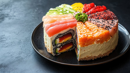 A visually stunning sushi cake featuring vibrant layers of fresh seafood and colorful vegetable accents, perfect for any celebration or gourmet occasion.の素材