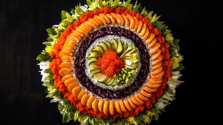 A beautiful circular arrangement showcasing an array of fresh sushi and vibrant vegetables, perfect for culinary events or stunning presentations.の素材