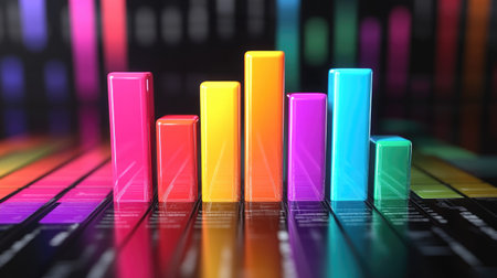 This vibrant 3D bar graph features colorful bars set against a dynamic background, perfect for visualizing data trends and statistics in modern presentations.の素材