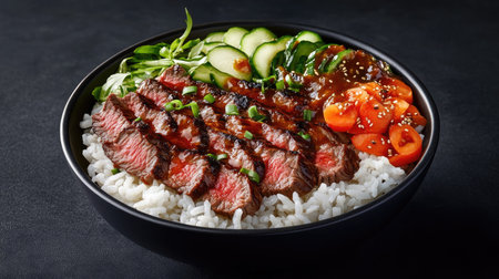 A vibrant beef bowl featuring tender sliced beef served over rice, complemented by fresh vegetables and a savory sauce. Perfect for a hearty meal.の素材