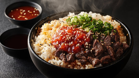 A flavorful Asian beef rice bowl featuring tender beef, steamed rice, green onions, and savory sauce. Perfect for a lively meal or takeaway option.の素材