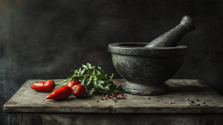 A rustic mortar and pestle surrounded by fresh red peppers and herbs, set against a textured wooden background, ideal for culinary themes.の素材