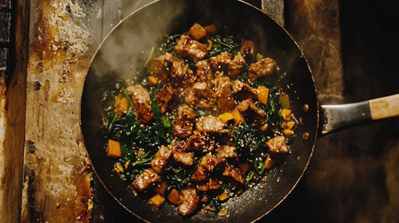 Fresh ingredients come together in a sizzling stir-fry. This rustic kitchen scene showcases vibrant colors and mouthwatering textures, creating a delightful culinary experience.の素材
