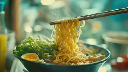 Enjoy a steaming bowl of ramen, featuring fresh vegetables and a soft-boiled egg. Perfect for a comforting meal that delights the taste buds.の素材