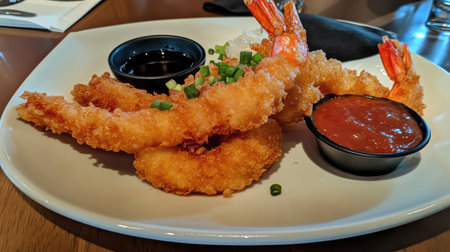 Crispy fried shrimp served with dipping sauces, garnished with green onions, perfect for a delicious appetizer or main dish. Ideal for seafood lovers.の素材