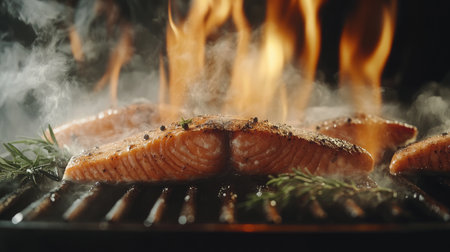 A vibrant image of grilled salmon fillets sizzling over flames, creating a delicious smoky aroma. Ideal for food lovers and culinary enthusiasts.の素材