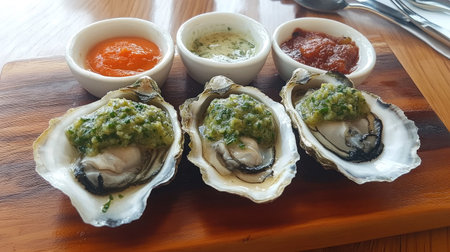 A beautifully arranged plate of fresh oysters topped with various sauces, perfect for enjoying gourmet dining experiences at seafood restaurants.の素材